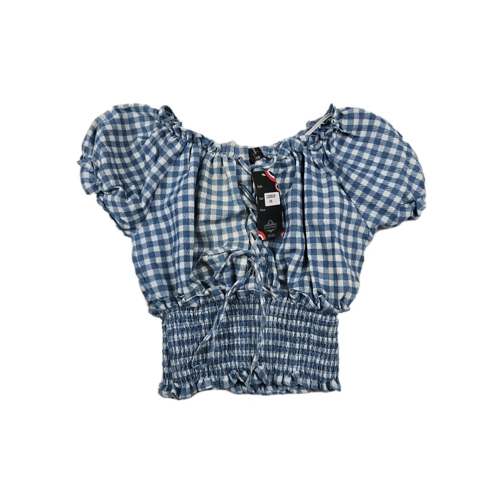 Sacred Threads Women's OSFA Plaid Puff Crop Top Blue White New‎